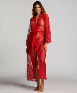 Long Allover Lace Kimono - Red