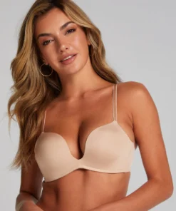 Deep-V Padded Underwired Push-Up Bra - Beige
