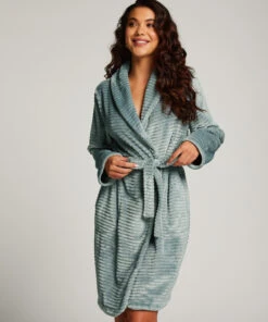 Short Fleece Ribbed Bathrobe - Blue