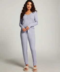 Long Sleeve Lace Pajama Set - Purple