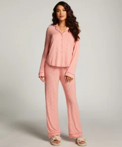 Long Sleeve Lace Pajama Set - Pink