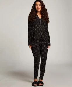 Long Sleeve Lace Pajama Set - Black