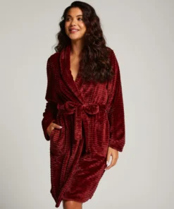 Short Fleece Ribbed Bathrobe - Red