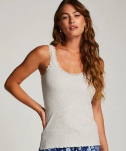 Ribbed Lace Singlet - Grey