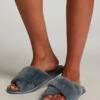 Crossed Fake Fur Slippers - Blue