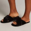 Crossed Fake Fur Slippers - Black