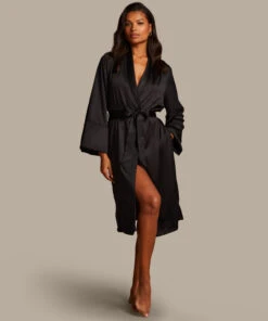 Satin Fleece Bathrobe - Black